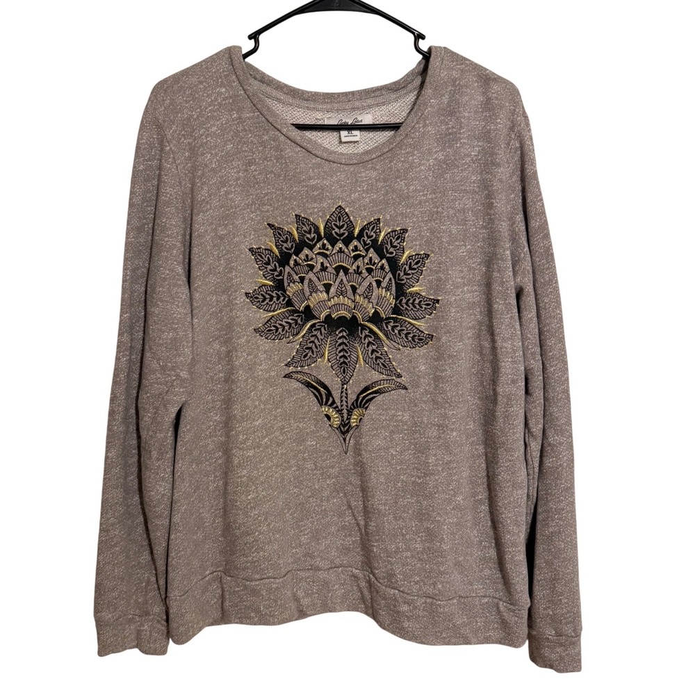 Lucky Lotus Heathered Tan‎ Graphic Sweatshirt Gold Embroidered XL Boho Hippie